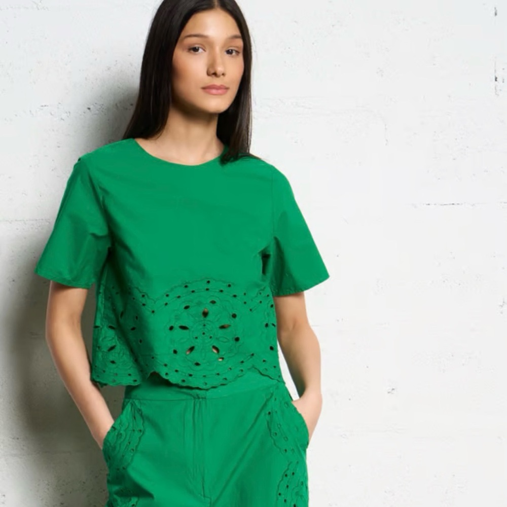 Green Eyelet Two-Piece Top and Pants Set